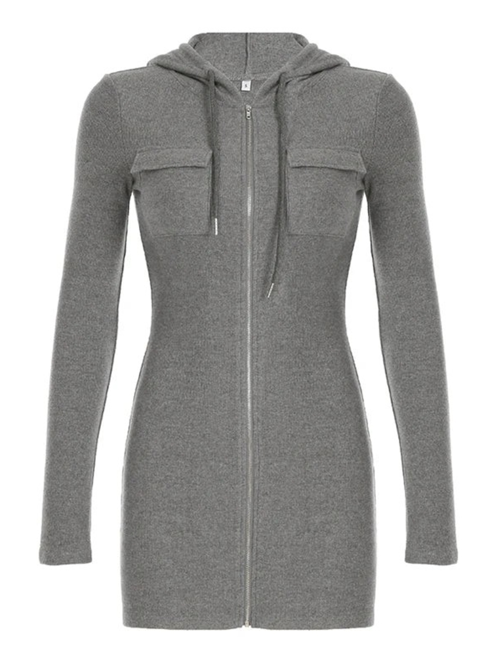 Grey Hooded Zip-Front Knit Dress